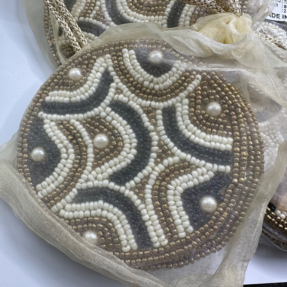 MACKENZIE CHILDS SET OF 4 SAVOY BLACK & GOLD BEADED COASTERS NEW IN ORGANZA BAG‎